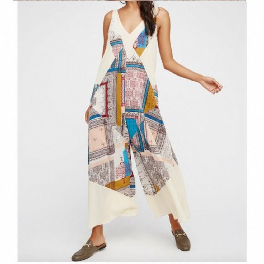 Free People Boho Print Wide Leg Sleeveless Jumpsuit Size Extra Small